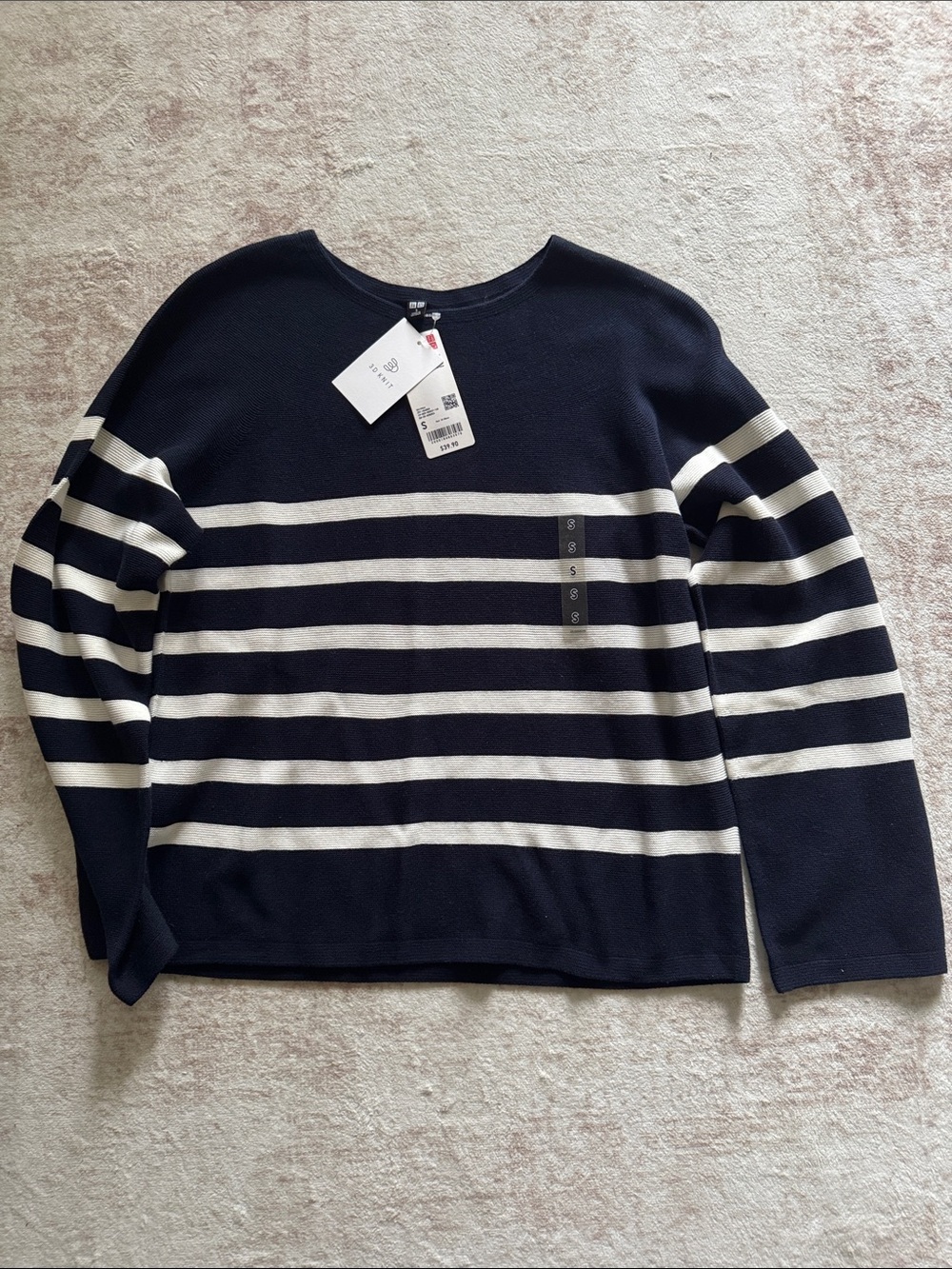NWT Uniqlo 3D Knit Cotton Striped Sweater - Navy and White - S